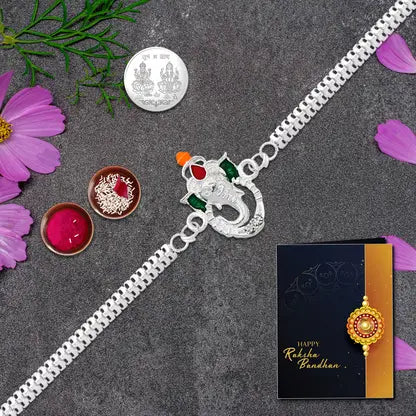 Silver-plated Ganesh Rakhi With Coin Roli-chawal  Raksha Bandhan Greeting Card Gift Combo For Brother Silver-plated Ganesh Rakhi With Coin Roli-chawal  Raksha Bandhan Greeting Card Gift Combo For Brother
